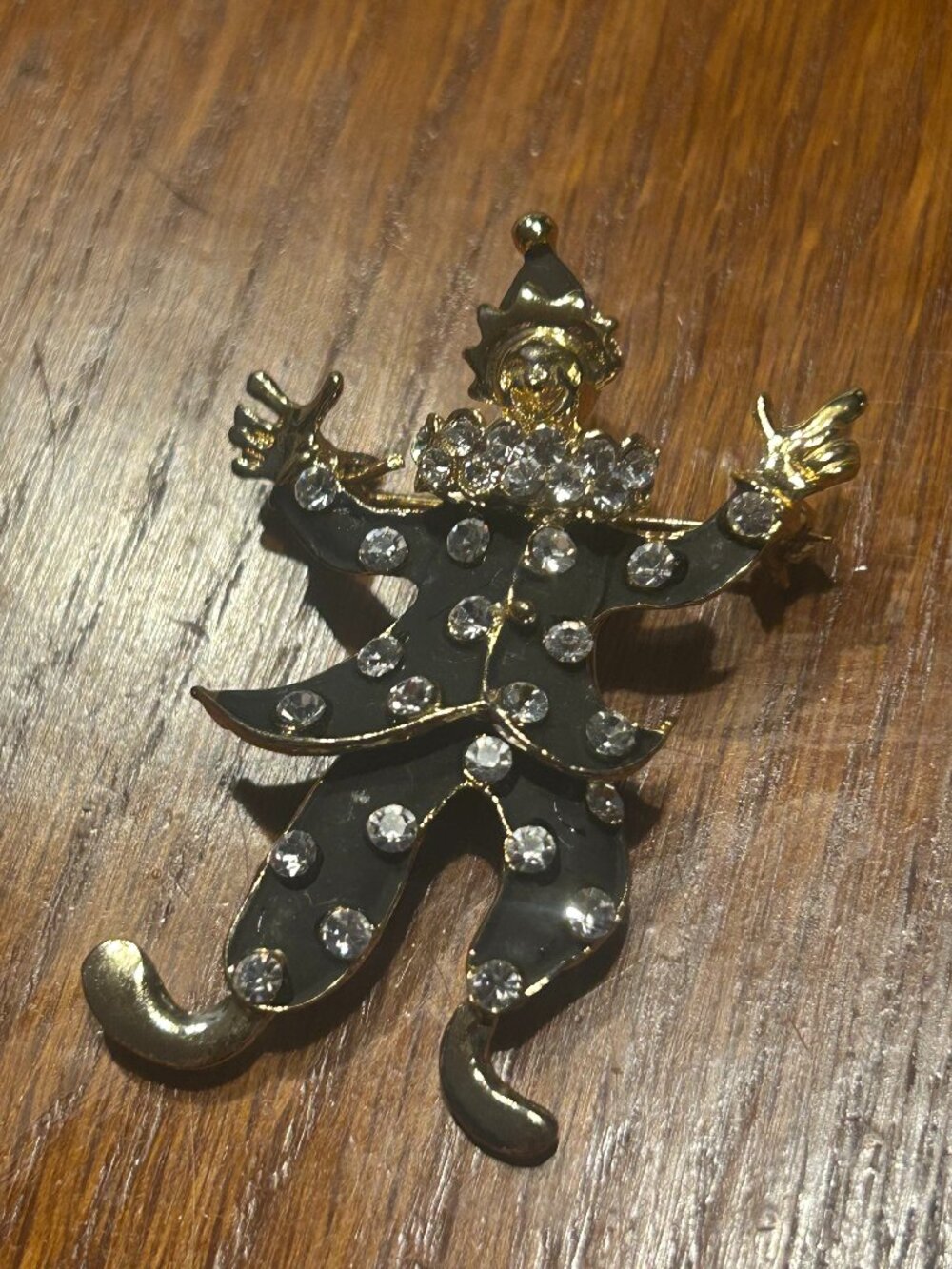 Vintage gold and black Rhinestone Moving Clown Pin